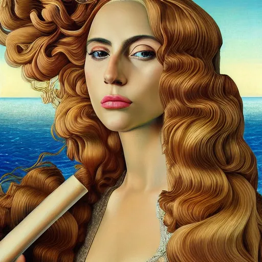 Image similar to photo realistic, hyper realism, lady gaga artpop act ii album, intricate detail, hyper detail, sandro botticelli style, with honey light brown rapunzel hair, detailed, masterpiece, sharp focus,