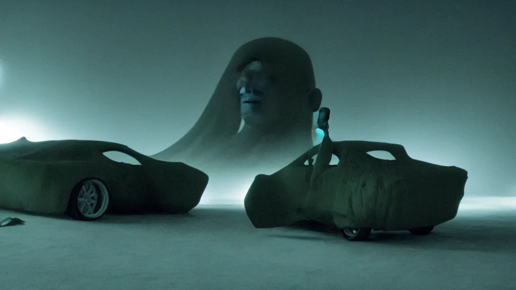 Prompt: the car made of glowing wax, film still from the movie directed by Denis Villeneuve and David Cronenberg with art direction by Zdzisław Beksiński, wide lens