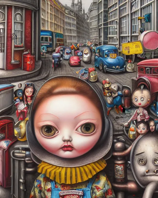 Image similar to highly detailed closeup, portrait of a tin toy london streets, hyper realistic, artstation, illustration, nicoletta ceccoli, mark ryden, lostfish, dan decarlo, bob clampett, max fleischer, digital paint, matte paint, vivid colors, detailed and intricate environment