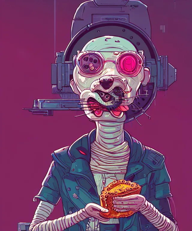 Image similar to a portrait of an anthropomorphic cyberpunk ferret eating pie, cyberpunk!, fantasy, elegant, digital painting, artstation, concept art, matte, sharp focus, illustration, art by josan gonzalez