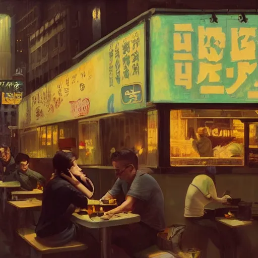 Image similar to people eating at street food ramen shop, chillwave, electronic billboards, tech noir, wet reflections, atmospheric, ambient, livia prima, greg rutkowski, edward hopper, pj crook