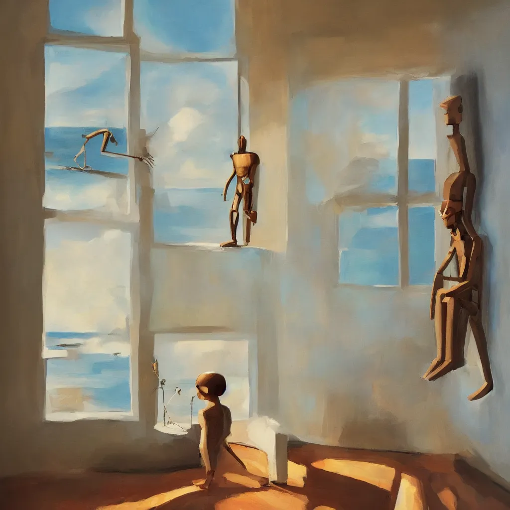 Image similar to minimalist well lit room, a half human and half robot is staring out the window overlooking the ocean. warm colors, in the style of abercrombie, gertrude, craola,