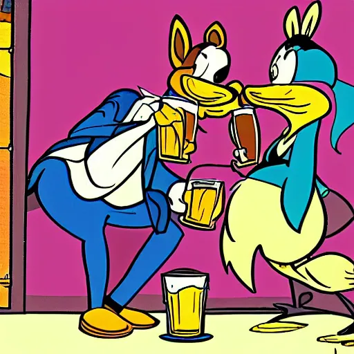 Image similar to a cartoon female rabbit and comics male duck drinking beer together in disney style