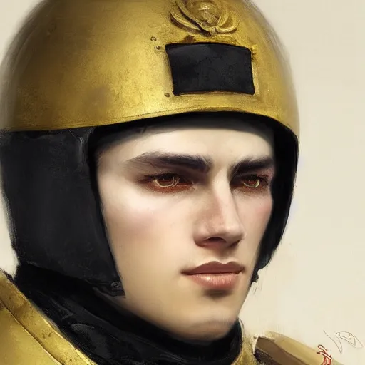 Prompt: Medium closeup young idealistic and pious male Imperial soldier wearing a black tabard with light yellow accents over a gambeson and a {perfect barbut helm}, by Raymond Swanland Greg Rutkowski Lise Deharm, {perfect face}, {perfect eyes}