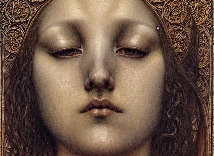 Image similar to detailed realistic beautiful young medieval queen face portrait by jean delville, gustave dore and marco mazzoni, art nouveau, symbolist, visionary, gothic, pre - raphaelite. horizontal symmetry