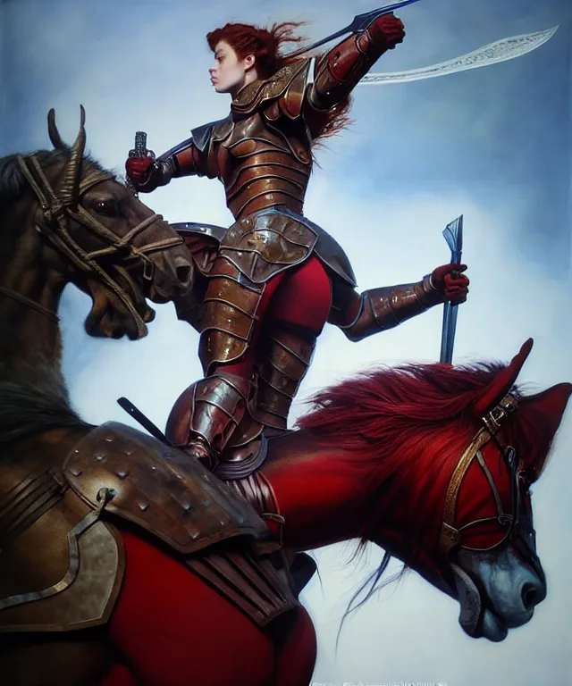 Prompt: hyperrealistic mixed media painting of a beautiful young female ranger, stunning 3d render inspired art by P. Craig Russell and Barry Windsor-Smith + perfect facial symmetry + dim volumetric lighting, dark red hair, pale skin, crimson leather armor, riding an armored warhorse, dizzy, full body, confident heroic pose, d&d, 8k octane beautifully detailed render, post-processing, extremely hyperdetailed, intricate, epic composition, grim yet sparkling atmosphere, cinematic lighting + masterpiece, trending on artstation, very very detailed, masterpiece, stunning