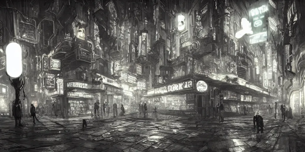 Prompt: cinematic an old jorge luis borges and franz kafka as owners ofan old bookstore full of books, dystopian future, neon lights, sci - fi, night lights, haze, concept art, intricate, in the style of katsuhiro otomo, akira, unreal engine