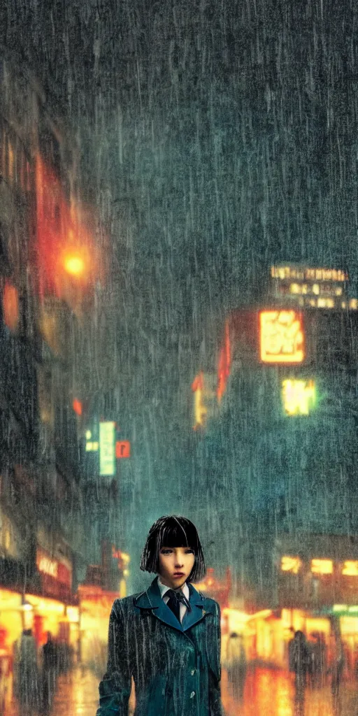 Image similar to blade runner movie still of a school girl at an outdoor noodle stand, hyper realism, rack focus, close establishing shot, rainy night, monochromatic teal, steamy, desaturated colors, soft dramatic lighting, 4 k digital camera