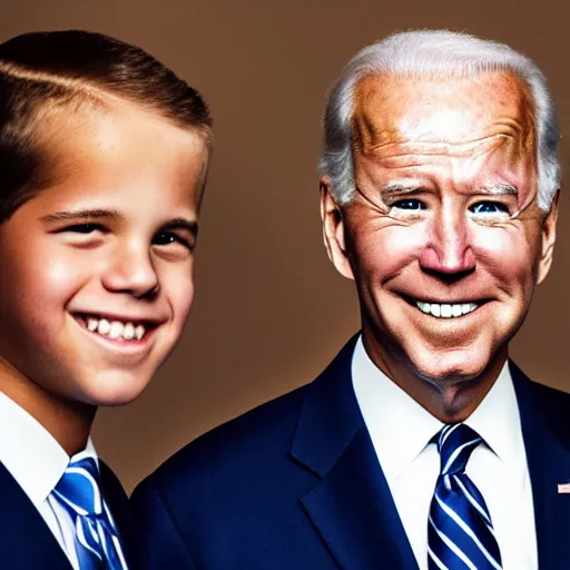 Image similar to A portrait photo of joe biden teams up with a teenage joe biden, perfect faces, 50 mm, award winning photography