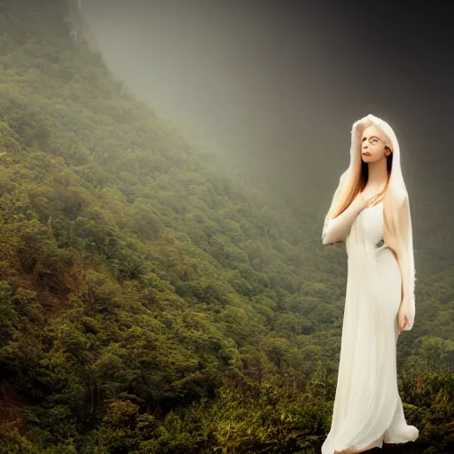 Prompt: ethereal goddess in a misty mountain valley