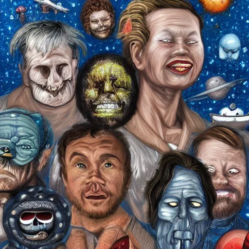 Prompt: group of heros and monsters by the edge of the ocean, by eleanor davis, missing faces filled with outer space realistic, hyperdetailed, 8 k resolution