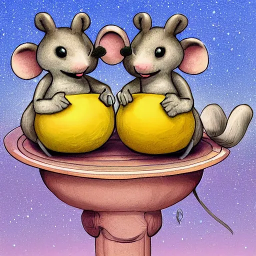 Image similar to two happy mice on a cheddar planet, highly detailed, digital art