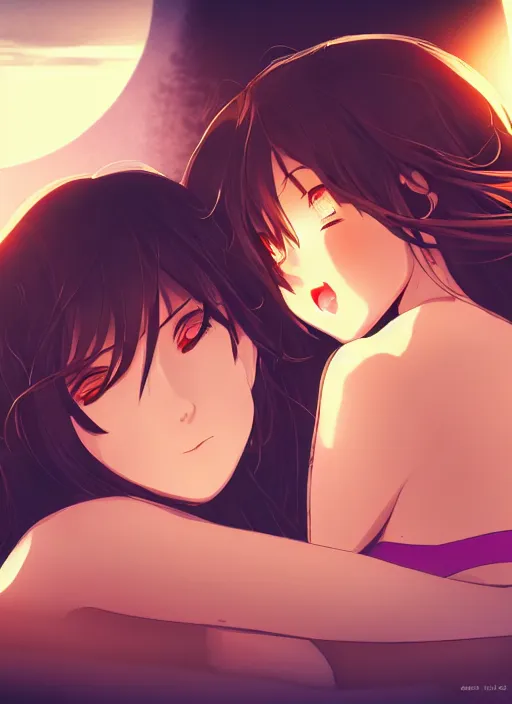 Image similar to two beautiful mothers sitting on a hot summer evening, gorgeous faces, thick lines, cinematic lighting, detailed anime art