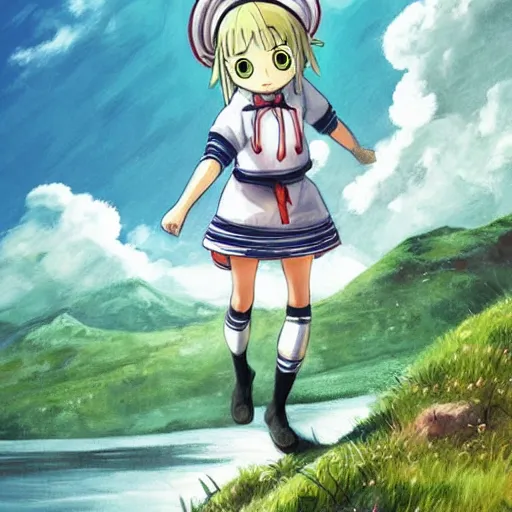 Image similar to little girl with an small curvy blonde hair wearing an sailor suit, artwork in made in abyss art style, inspired in balthus