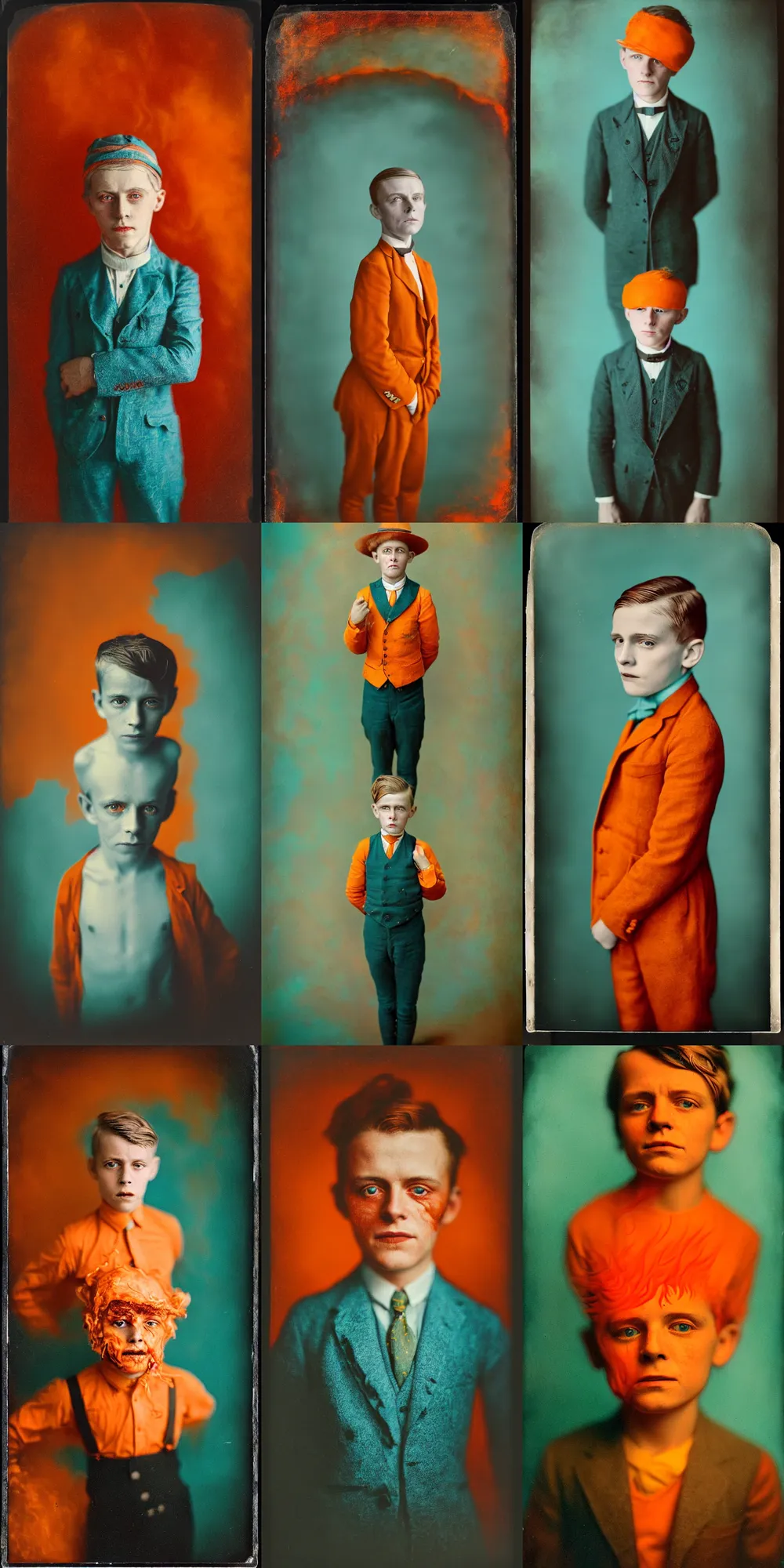 Image similar to kodak portra 4 0 0, wetplate, 8 k, shot of a highly detailed, britt marling style, colour still - life portrait of a lemon looks like a handsome 8 year old boy in hell fire storm, 1 9 2 0 s cloth, 1 9 2 0 s hair, teal and orange, muted coloures