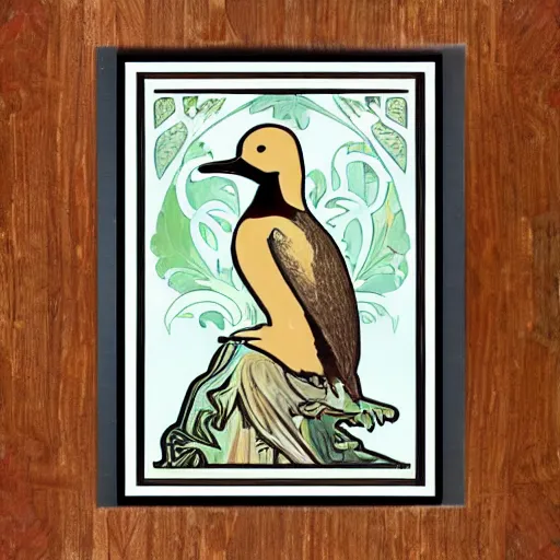 Prompt: wood penguin in the style of alphonse mucha