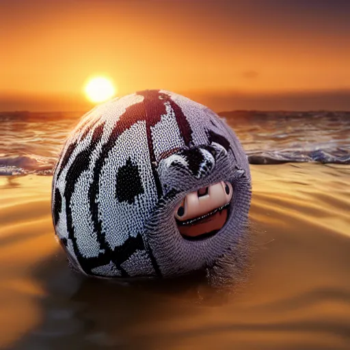 Image similar to a closeup photorealistic photograph of a cute smiling knitted tiger hippopotamus chasing a beachball at sunset. surf in the background. professional capture. this 4 k hd image is trending on artstation, featured on behance, well - rendered, extra crisp, features intricate detail, epic composition and the style of unreal engine.