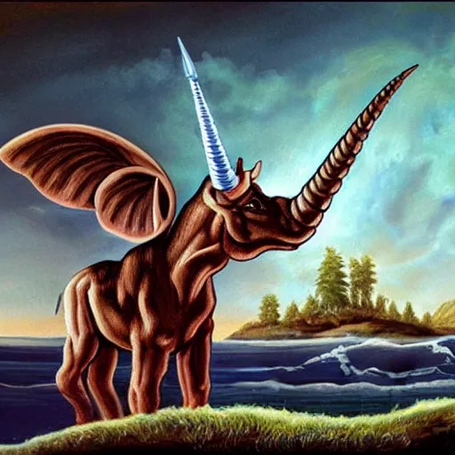 Prompt: painting of one of the worst fossil reconstructions in human history a really long unicorn horn realism painting