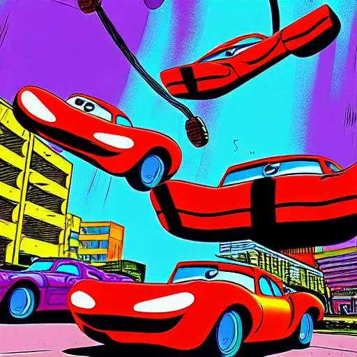 Image similar to cars being juggled in the air, comic book cover art, in the style of todd mcfarlane and jack kirby, with a haunting background, digital photography, photorealistic, realistic, extreme detail