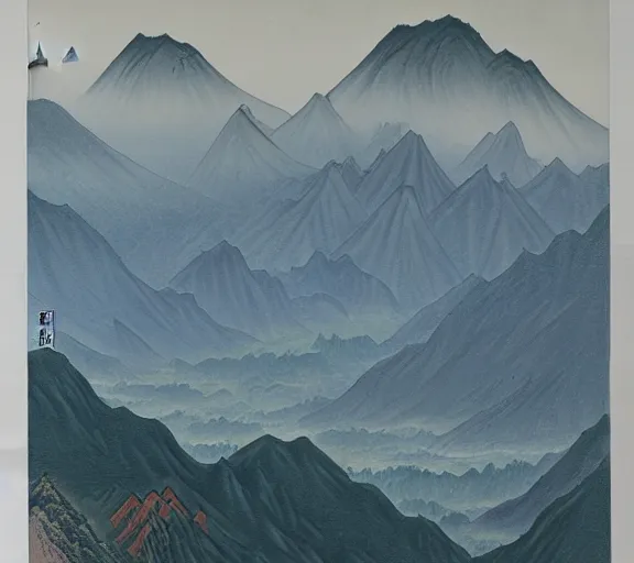 Image similar to painting of mountains by li zhaodao, guan tong