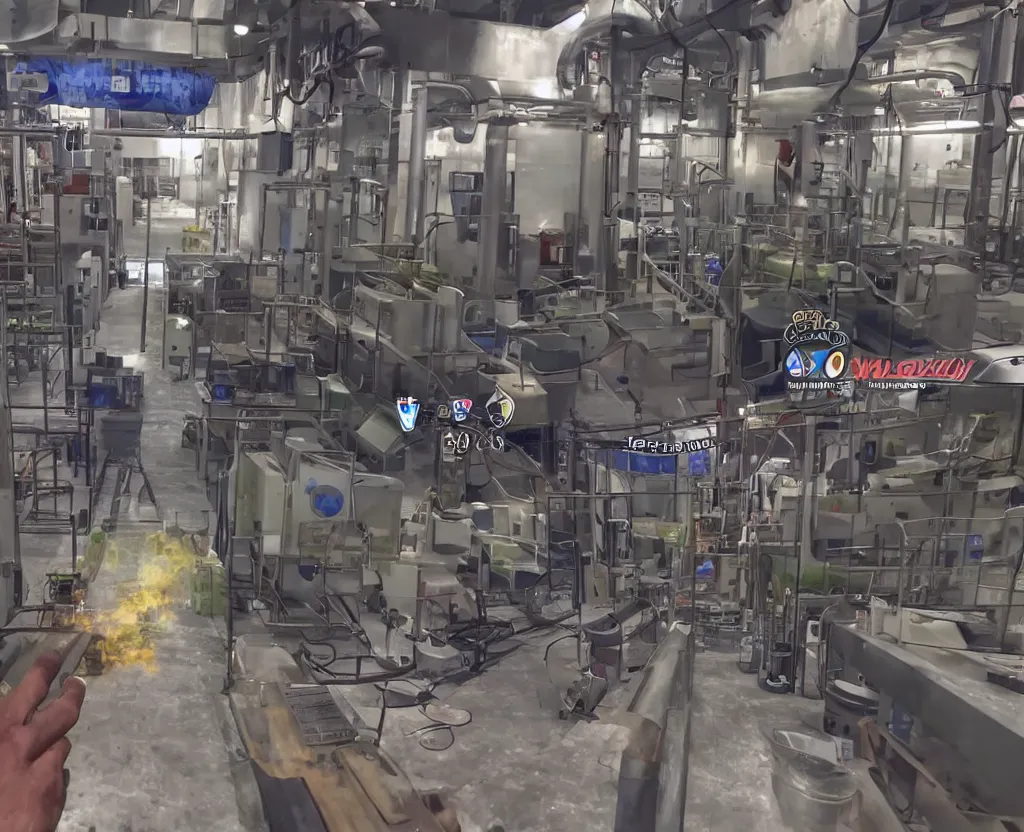 Image similar to first person shooter point of view of a soda factory