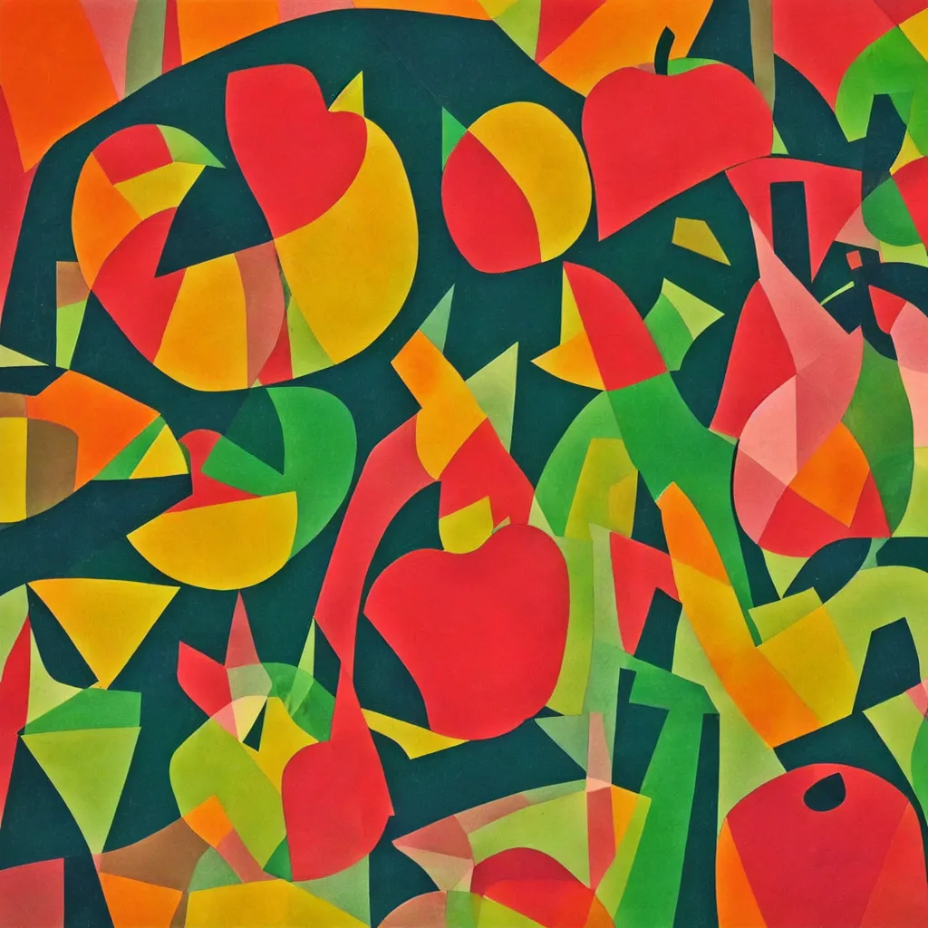 Image similar to apples and mangos in the style of eileen agar and olexander archipenko, noise, stroke around the apples and mangos, cut out effect