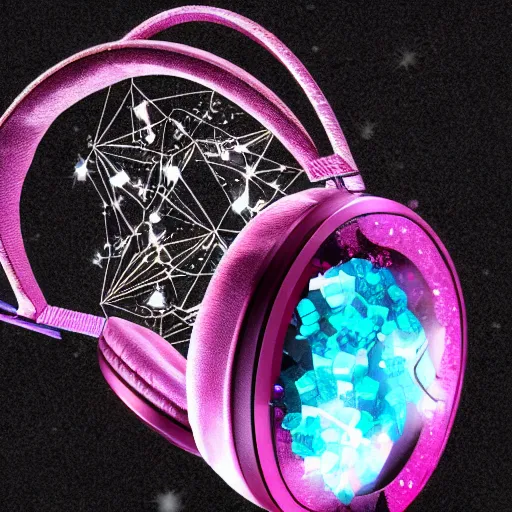 Image similar to photorealistic studio headphones covered in bismuth crystals