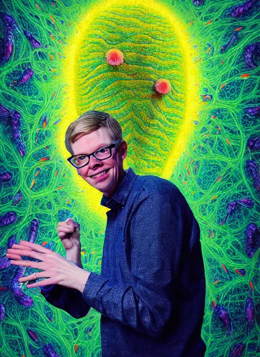 Image similar to hyper detailed 3d render like a Oil painting - friendly professional portrait of author Hank Green in Aurora seen Eating of the Strangling network of yellowcake aerochrome and milky Fruit and Her delicate Hands hold of gossamer polyp blossoms bring iridescent fungal flowers whose spores black the foolish stars by Jacek Yerka, Mariusz Lewandowski, Houdini algorithmic generative render, Abstract brush strokes, Masterpiece, Edward Hopper and James Gilleard, Zdzislaw Beksinski, Wolfgang Lettl, hints of Yayoi Kasuma, octane render, 8k