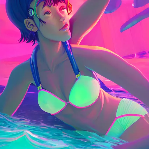 Image similar to neon bikini woman in the ocean | hyperrealistic digital painting by makoto shinkai, ilya kuvshinov, lois van baarle, rossdraws | afrofuturism in the style of hearthstone and overwatch, trending on artstation