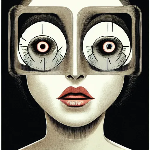 Image similar to The illustration is an abstract portrait of a woman. The woman's face is divided into two halves, one half is black and the other is white. The woman's eyes are large and staring. The illustration is full of energy and movement. clockpunk, macro photo by Vincent Di Fate, by Mark Ryden