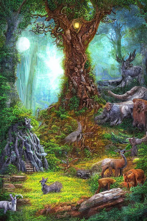 Image similar to digital painting detailed druid sanctuary by cliff childs