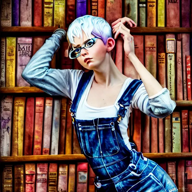 Image similar to full body pose, beautiful adult fairy, pixar, short white hair shaved sides, dirty, grungy, grunge, long sleeve, painted overalls, stacks of giant books, highly detailed, 4 k, hdr, smooth, sharp focus, high resolution, award - winning photo, artgerm, photorealistic