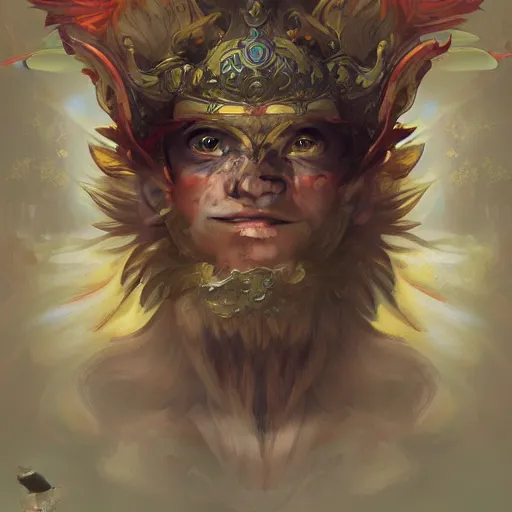 Image similar to Sun Wukong, monkey king, divine, golden ,symmetrical, D&D character art, portrait, digital painting, Peter Mohrbacher, Alphonse Mucha, Brian Froud, Yoshitaka Amano, Kim Keever, Victo Ngai, James Jean