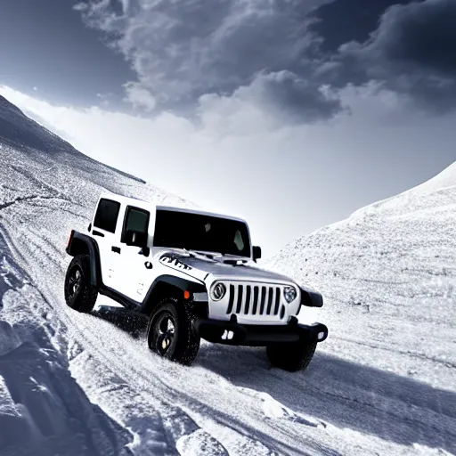 Prompt: white jeep wrangler driving up a steep snowy mountain cornice, high quality digital art, dramatic lighting, cinematic, photo realism
