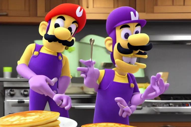 Image similar to a real waluigi baking pancakes