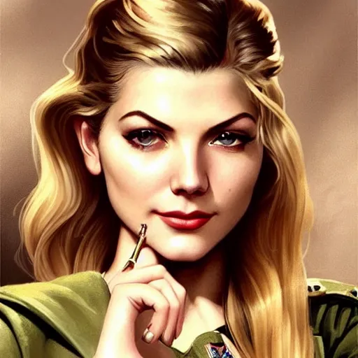 Image similar to A combination of Katheryn Winnick's and Grace Kelly's and Victoria Justice's appearances as a WW2 soldier, full body portrait, western, D&D, fantasy, intricate, elegant, highly detailed, digital painting, artstation, concept art, matte, sharp focus, illustration, art by Artgerm and Greg Rutkowski and Alphonse Mucha