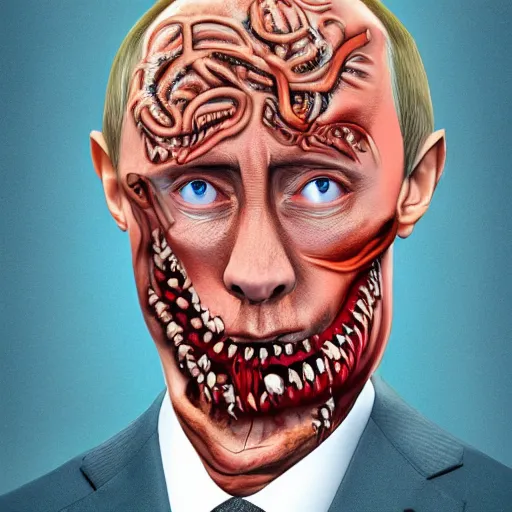 Image similar to bodyhorror portrait of vladimir putin who became an giant lovecraftian worm, photo - realistic, color image, 2 k, highly detailed