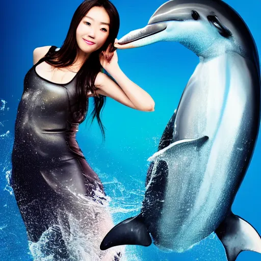 Image similar to a beautiful Chinese princess riding a dolphin, advertising photography, realistic photo, studio light