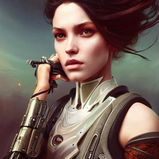 Image similar to portrait painting of a futuristic female rebel, ultra realistic, concept art, intricate details, eerie, highly detailed, photorealistic, octane render, 8 k, unreal engine. art by artgerm and greg rutkowski and alphonse mucha