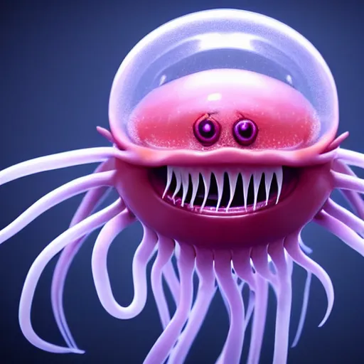 Prompt: a beautiful extreme wide uncropped full body photograph of an entire super cute jellyfish monster with huge sad eyes and sharp fangs in a wide open mouth, highly detailed, smooth, very very clean, 8 k, cinematic movie photograph, cinematic lighting, octane render, zbrush central contest winner, 3 d maya render