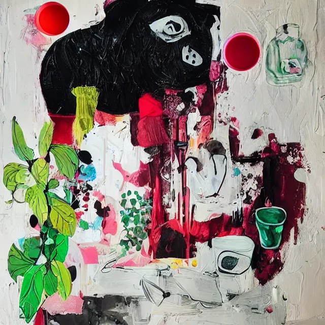 Image similar to “ a portrait in a female art student ’ s apartment, sensual, a pig theme, art supplies, paint tubes, ikebana, herbs, a candle dripping white wax, black walls, squashed berries, berry juice drips, acrylic and spray paint and oilstick on canvas, surrealism, neoexpressionism ”