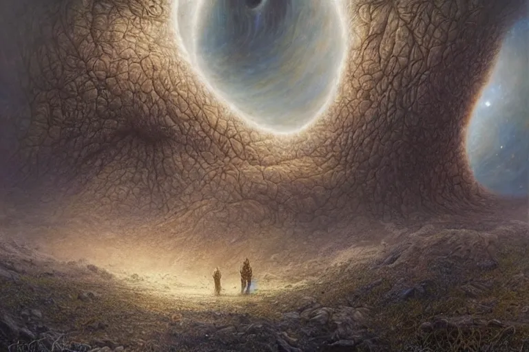 Prompt: a galactic size imposing creature made out of dark space matter consuming a planet. art by tomasz alen kopera and gaston bussiere.