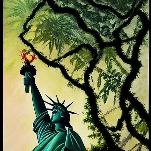 Prompt: close up of statue of liberty reclaimed by the jungle , surrounded by tall vines in oversized misty jungle, dramatic sunset and dramatic sky , very detailed oil painting by frazetta, low angle, postapocalyptic panorama.asthetics !