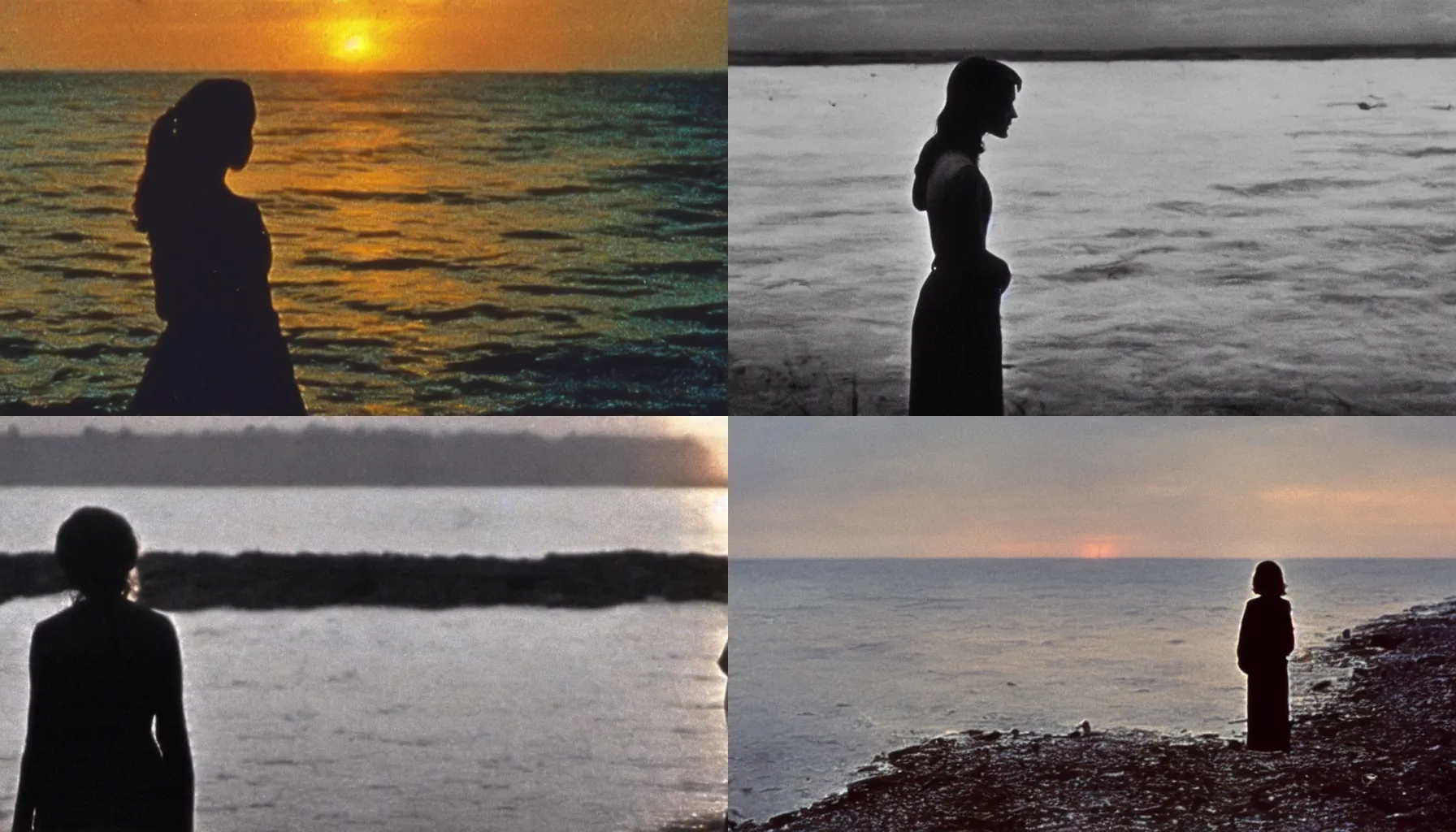 Prompt: An old movie still from film directed by Andrei Tarkovsky featuring Emma Watson standing on the shore looking at the sunset feeling that time is slipping away