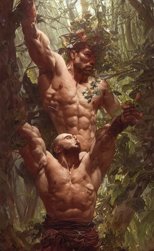 Image similar to god of the forest, 3 0 years old, rugged, male, gorgeous, detailed face, amazing, full body, flowers, muscular, intricate, highly detailed, digital painting, artstation, concept art, sharp focus, illustration, art by greg rutkowski and alphonse mucha