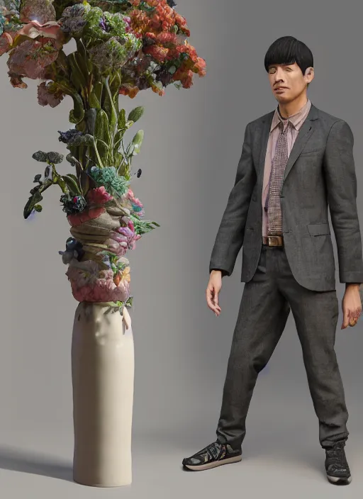 Image similar to a sculpture of a man standing next to a tall vase, a raytraced image by Hikari Shimoda, polycount, video art, vray tracing, ray tracing, rendered in unreal engine