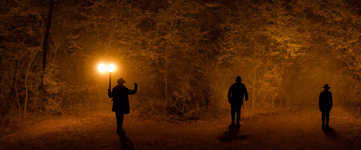 Prompt: A silhouetted figure holding a lantern walks on top of some train tracks towards the camera, film still, wide shot, wooded area