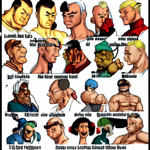 Image similar to all the street fighter characters in the style of tintin, comic