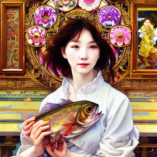 Image similar to a masterpiece ultrarealistic ultradetailed portrait of beautiful love fishmonger girl on street market baroque renaissance. medium shot, intricate, elegant, by stanley artgerm lau, wlop, alphonse mucha, rossdraws, andrei riabovitchev, yoshitaka amano. flower background my james jeand and takashi murakami.