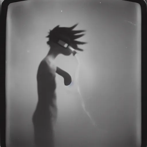 Prompt: an ancient demon-girl using a VR headset, mist , 1910 Polaroid photo, Black and white